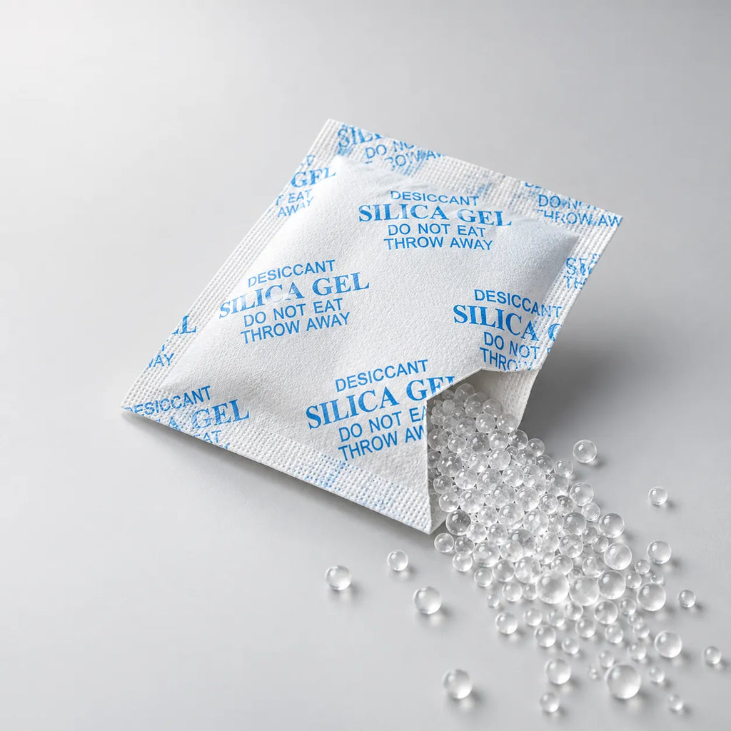 Silica gel beads inside a breathable desiccant sachet