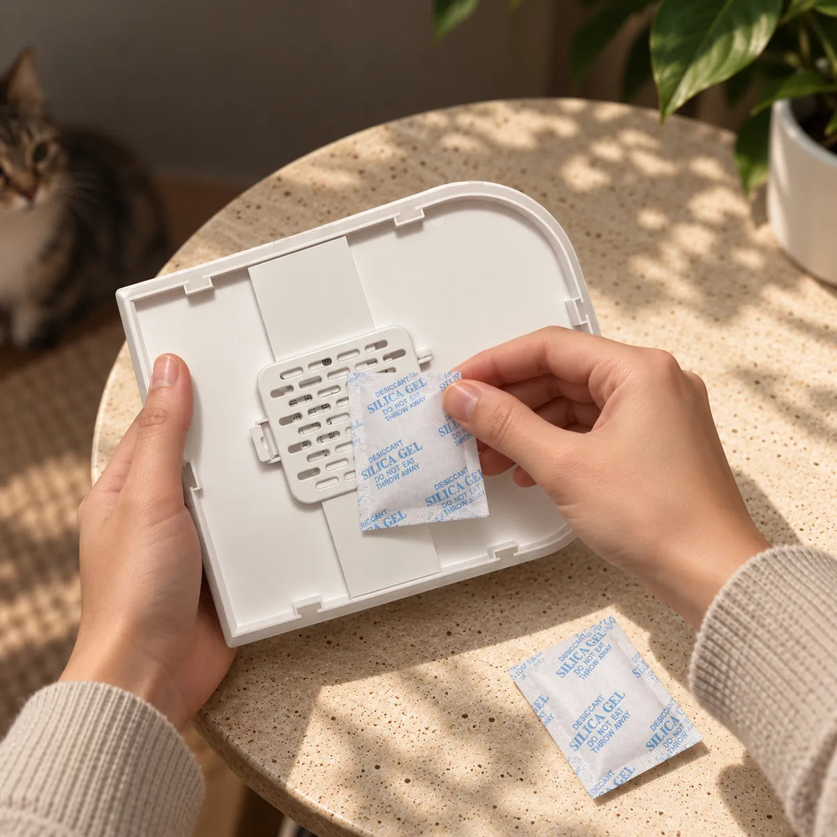 Placing a desiccant sachet in the SmartFeed Pro hopper lid