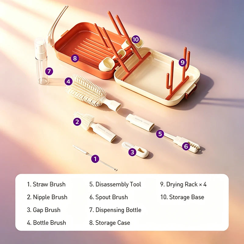 The 10 pieces of the cleaning kit laid out