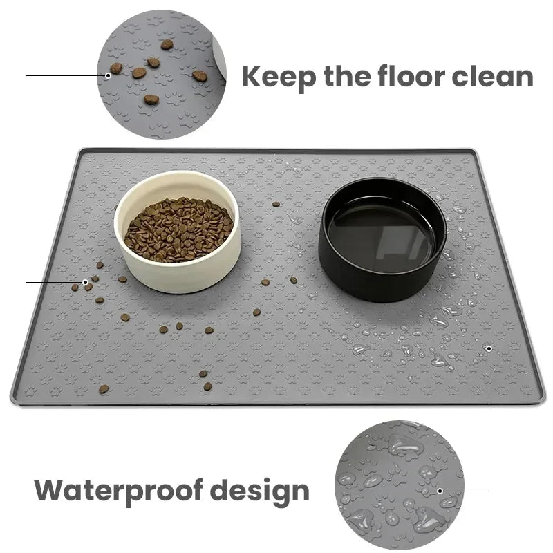 Silicone feeding mat with pet bowls, keeping the floor clean
