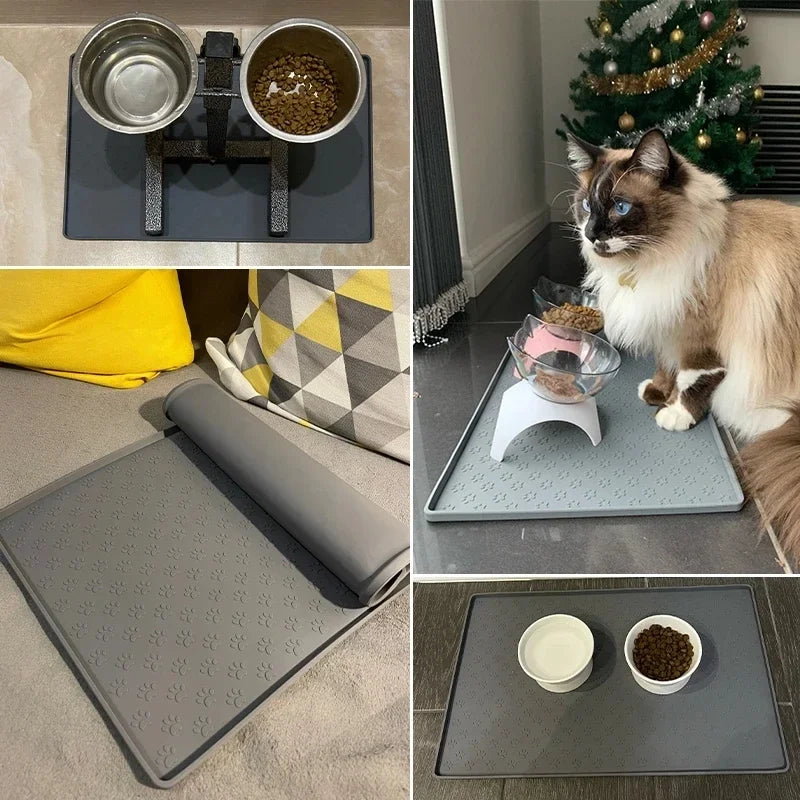 Silicone feeding mat in use under food and water bowls
