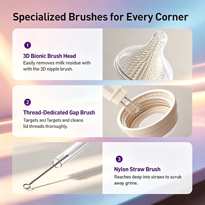 Brushes for gaps, spouts and straws