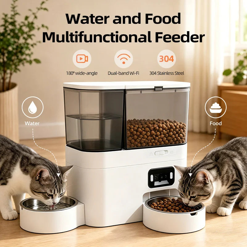 Two cats using the SmartFeed Pro automatic food and water feeder