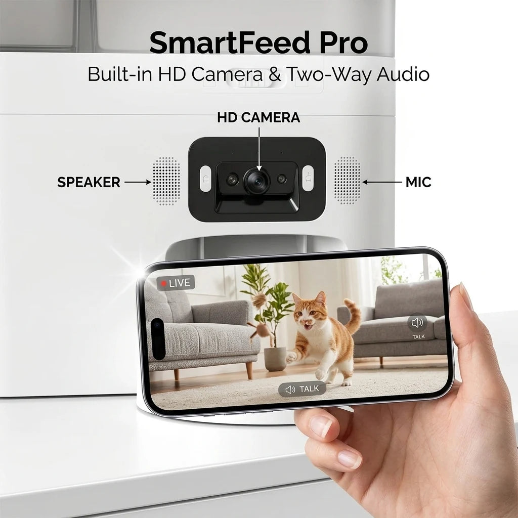 SmartFeed Pro camera close-up beside a phone showing a cat on screen