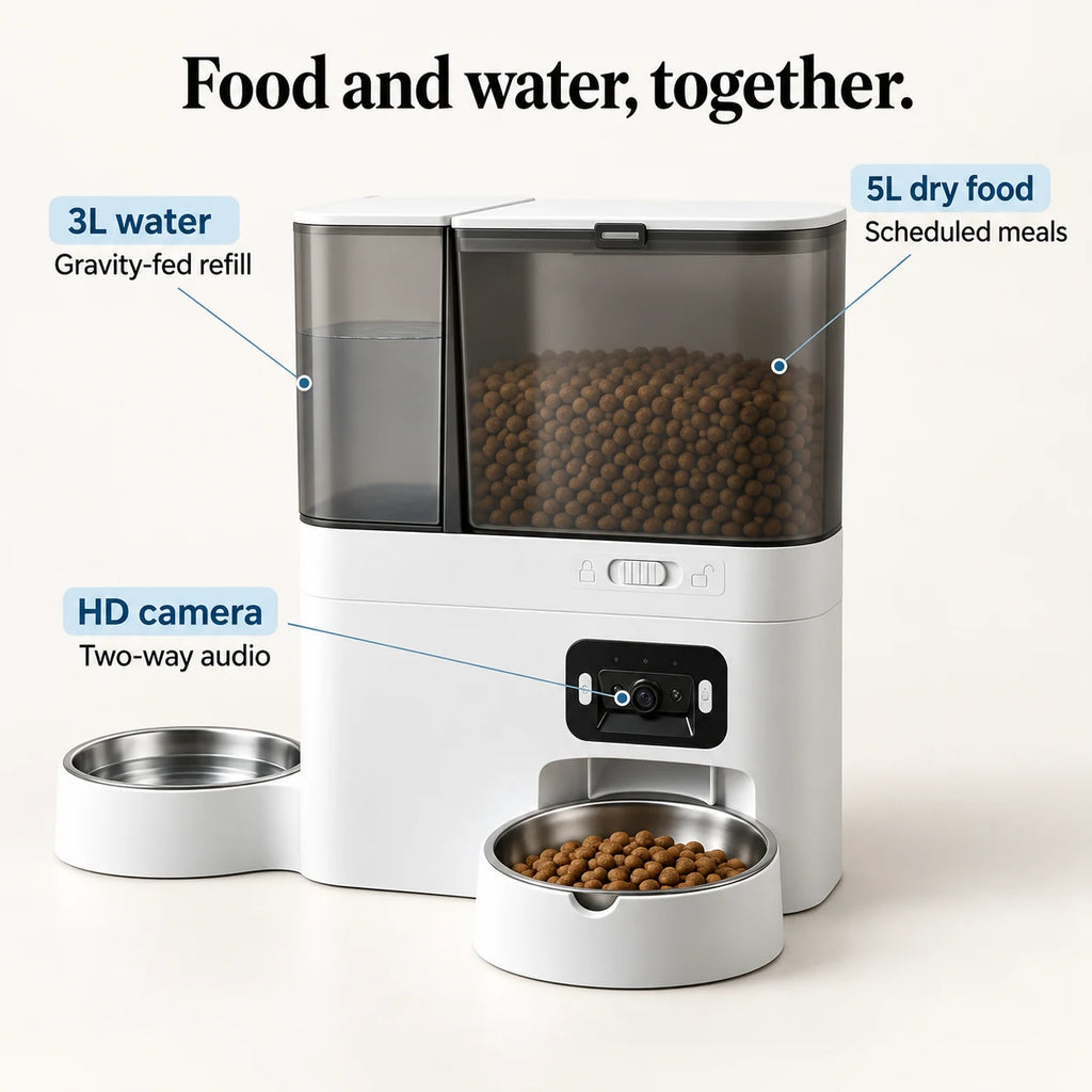 SmartFeed Pro diagram labelling food and water compartments and the front camera