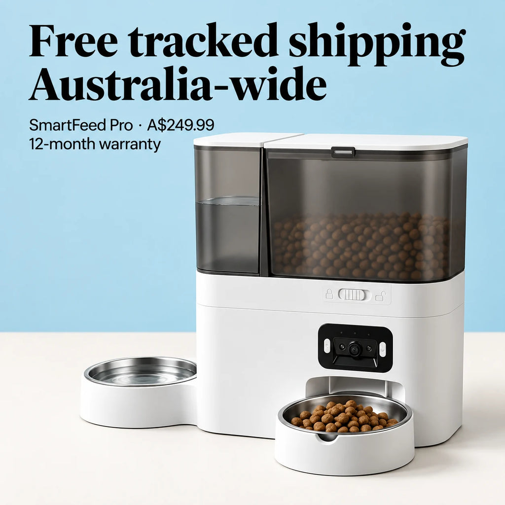 SmartFeed Pro beside text describing free tracked shipping and a twelve-month warranty