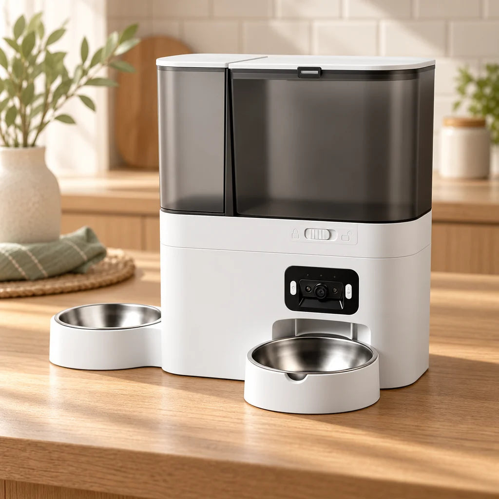SmartFeed Pro with front camera and two steel bowls on a wooden bench