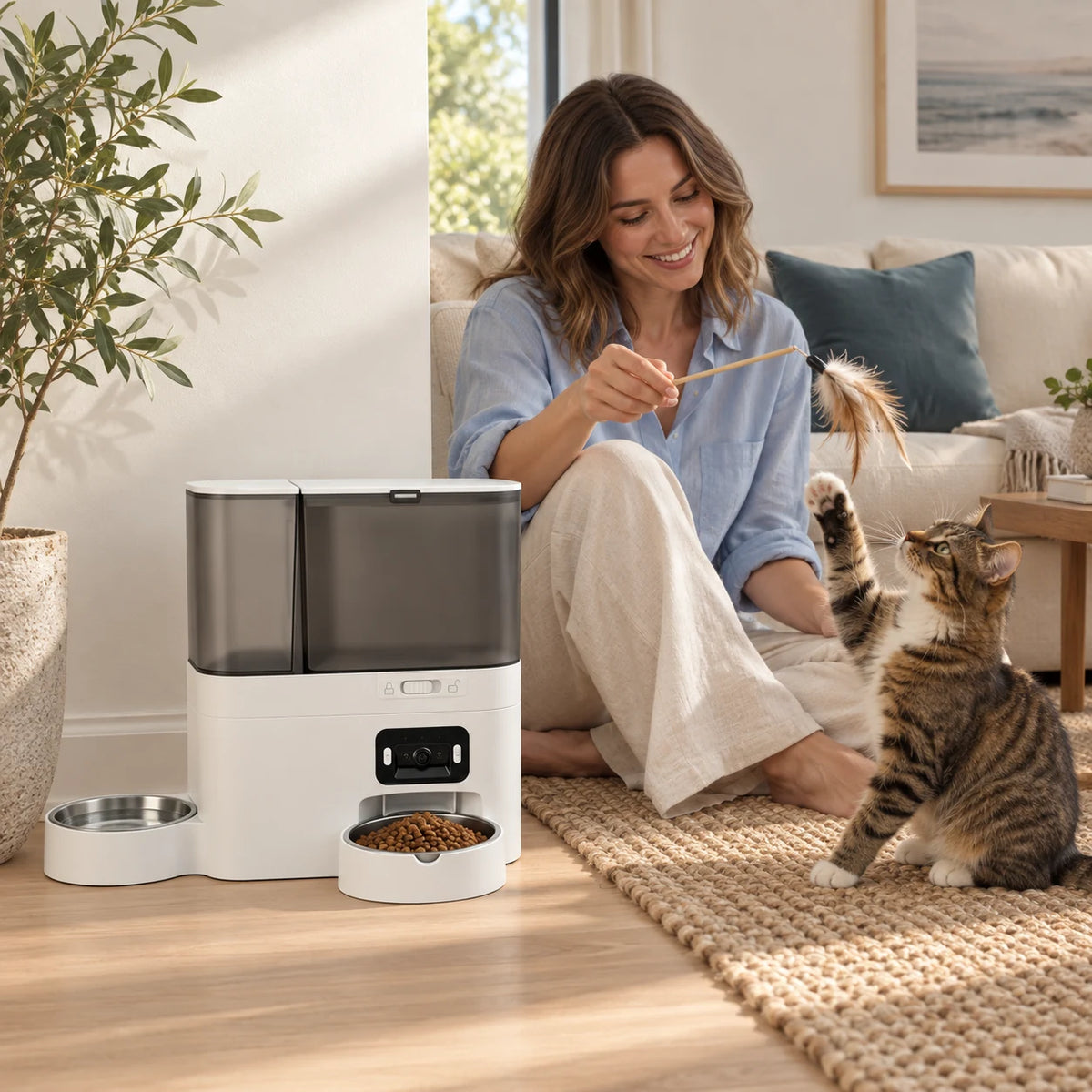 Woman playing with a tabby cat beside SmartFeed Pro in a living room